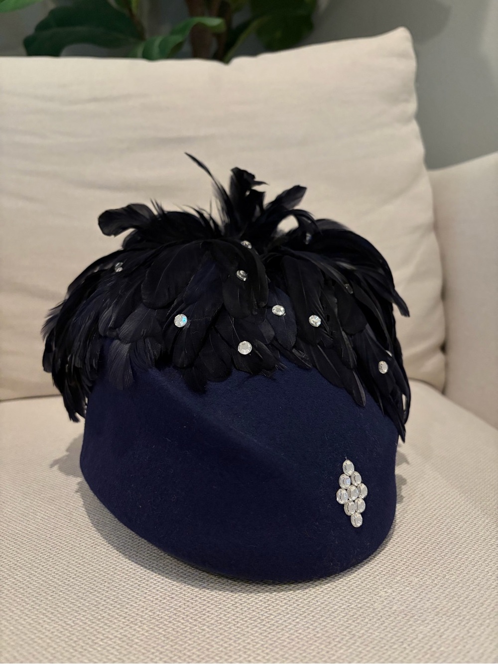 Vintage Navy Blue Feather & Rhinestone Pillbox Hat — Made in USA